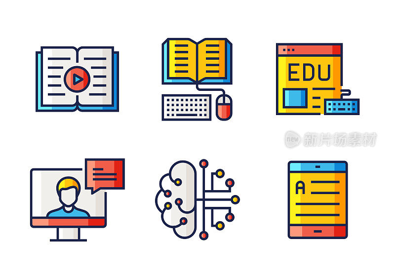 E-Learning, Online Education和Distance Education相关的扁平线图标。向量符号说明。